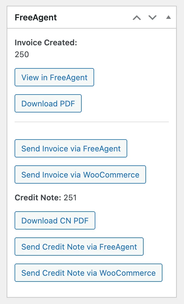 FreeAgent panel on a WooCommerce order: invoice number, View in FreeAgent and Download PDF buttons, Send Invoice via FreeAgent and via WooCommerce buttons, and a credit note with its own PDF and send buttons