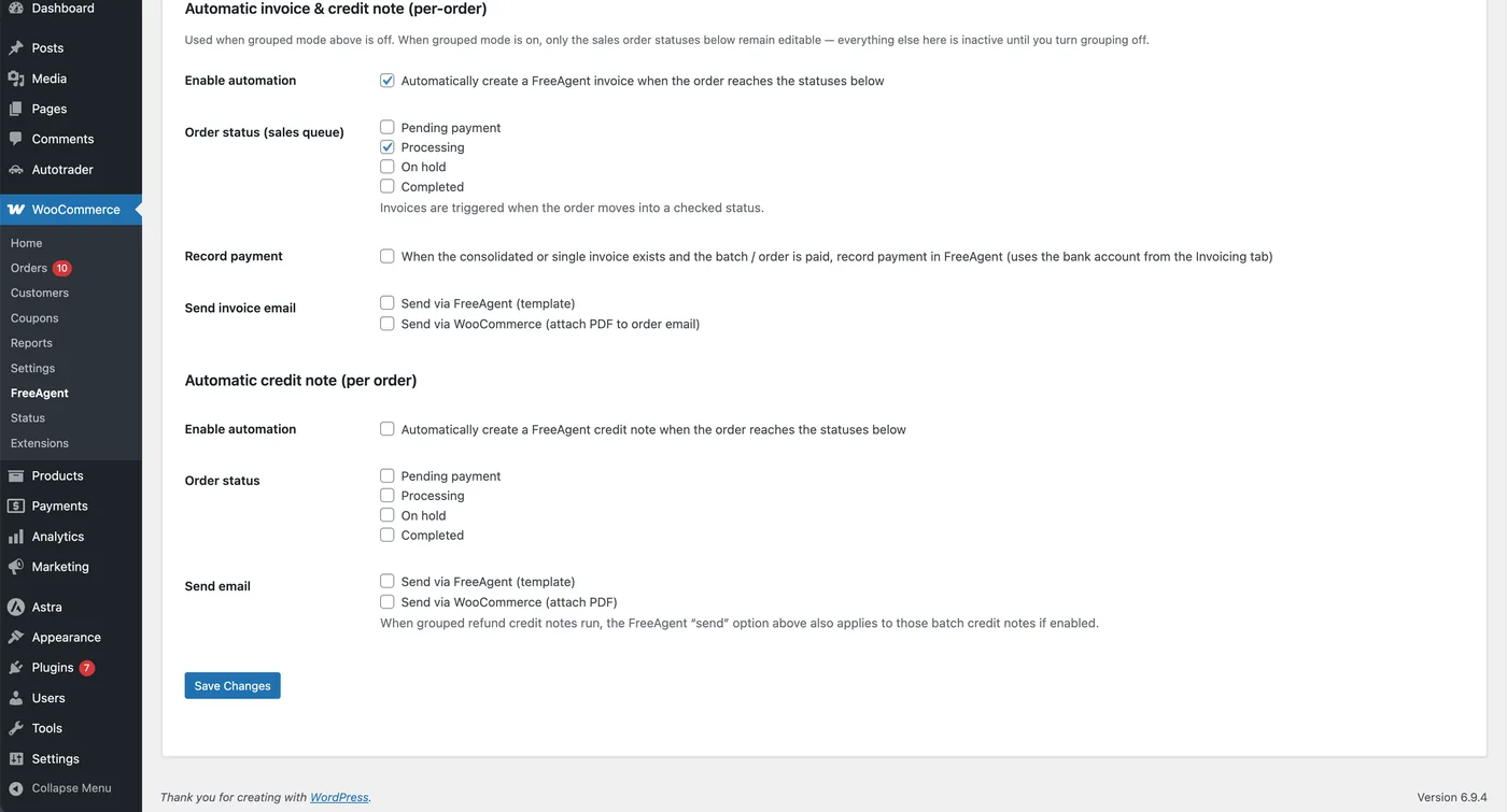 Automation tab: order statuses that create invoices, record payment, invoice email options and automatic credit note settings