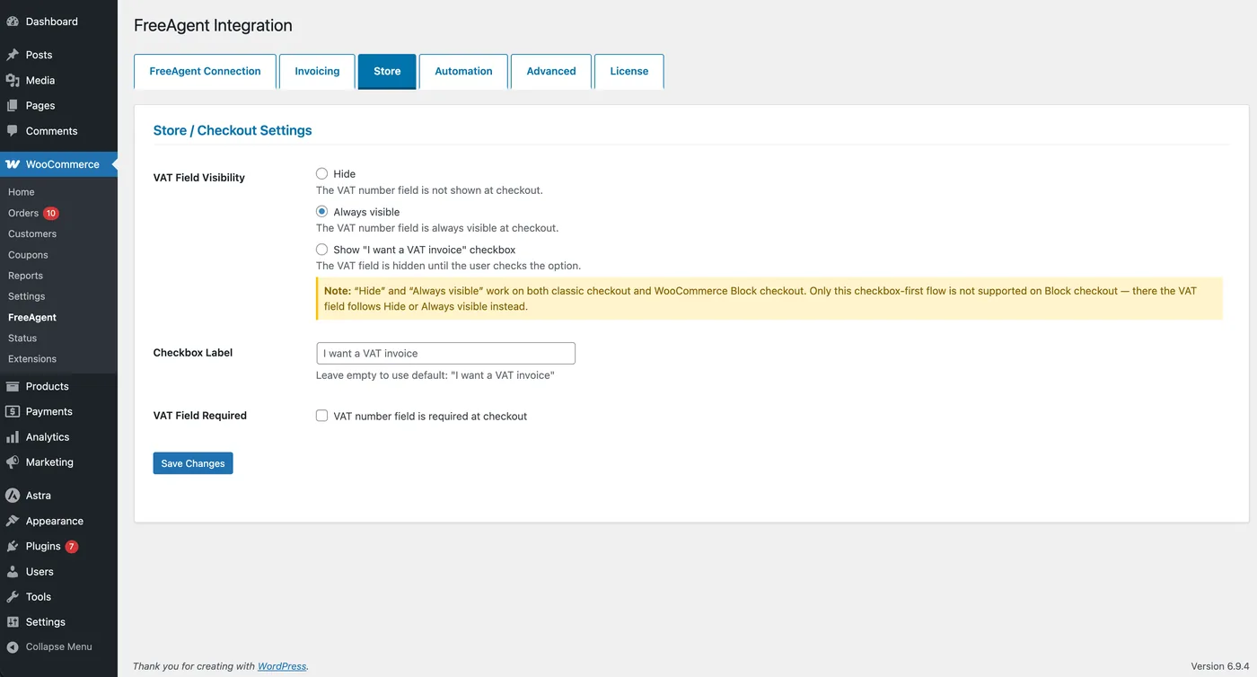 Store tab: VAT field visibility with Hide, Always visible and the I want a VAT invoice checkbox, checkbox label and a required option